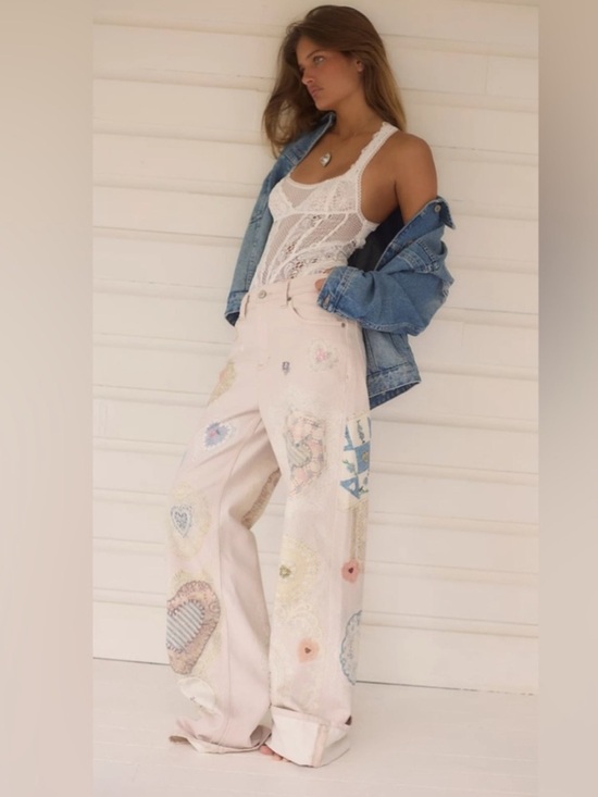 Free People Denim - Free People Tinsley Illusion Printed Jeans- Heirloom Ivory Hearts- Size